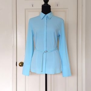 NWOT. Vintage Express Stretch Sky Blue Long Sleeve Hidden Button Shirt with belt